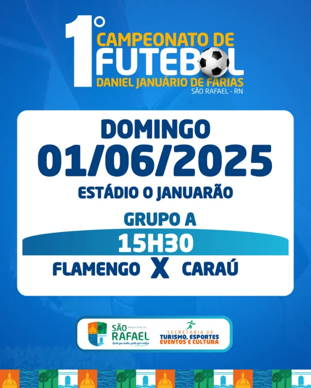 Hoje tem jogo no Januarão! ⚽️

📌 Pelo 1º Campeonato de Futebol de Campo Daniel Januário de Farias, acontece o terceiro confronto da competição:

Flamengo x Caraú 
Horário: 15h30
Local: Estádio Municipal Expedito Januário de Farias (O Januarão) 

A Prefeitura de São Rafael convida a população para prestigiar e incentivar o esporte local! ✅